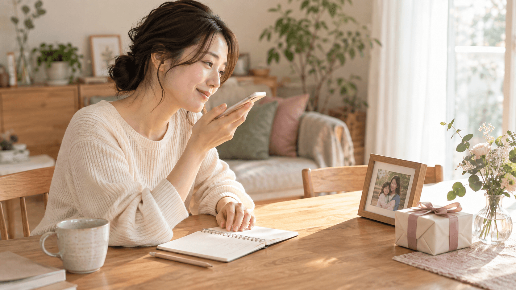 思い出を振り返りながら誕生日の声のメッセージを録音する女性のイメージ