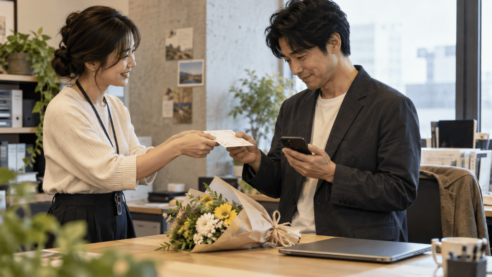 職場でカードと花を添えて同僚を送り出す場面のイメージ