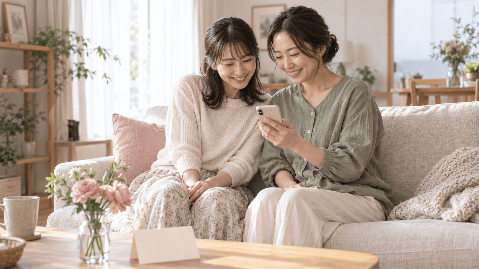 スマートフォンで集まった声の贈り物を一緒に聴く二人のイメージ