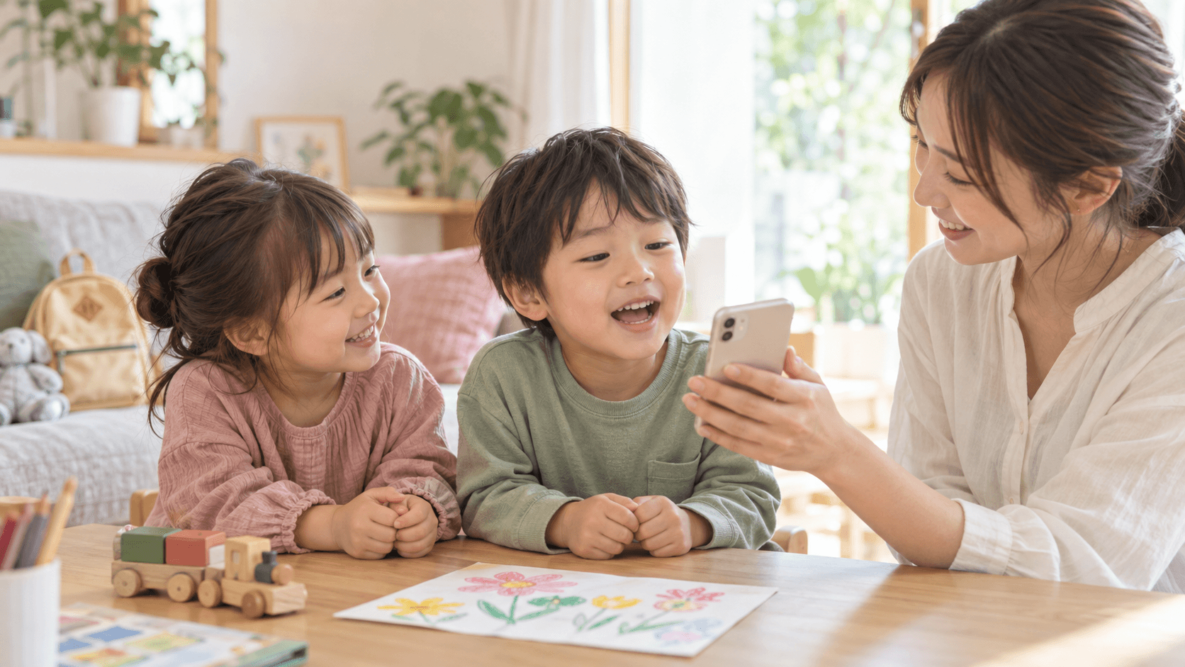 保護者に手伝ってもらいながら友達への声のメッセージを録音する子どもたちのイメージ