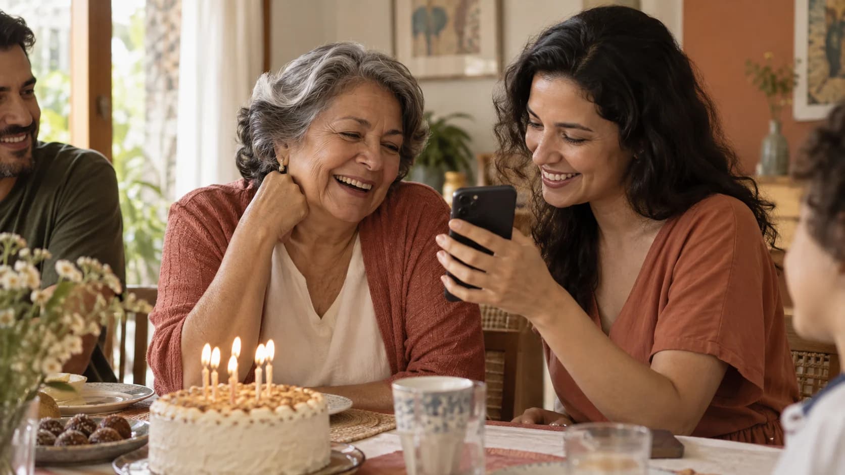 Uma mãe e sua filha ouvindo mensagens de aniversário.