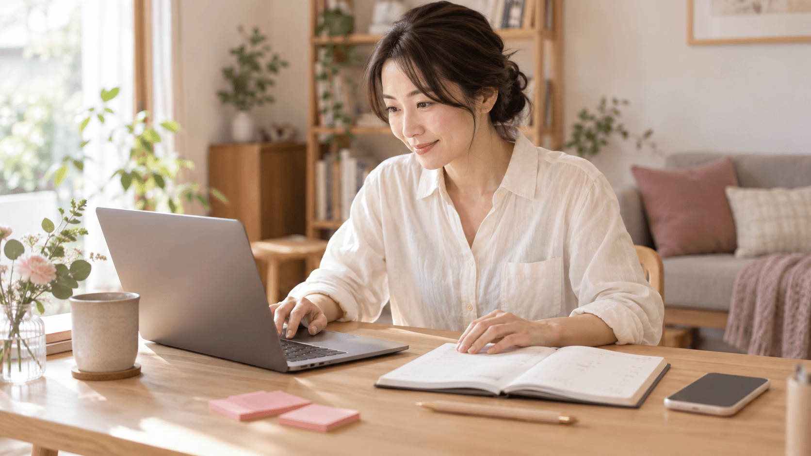 自宅の机で参加依頼の連絡を準備する幹事のイメージ