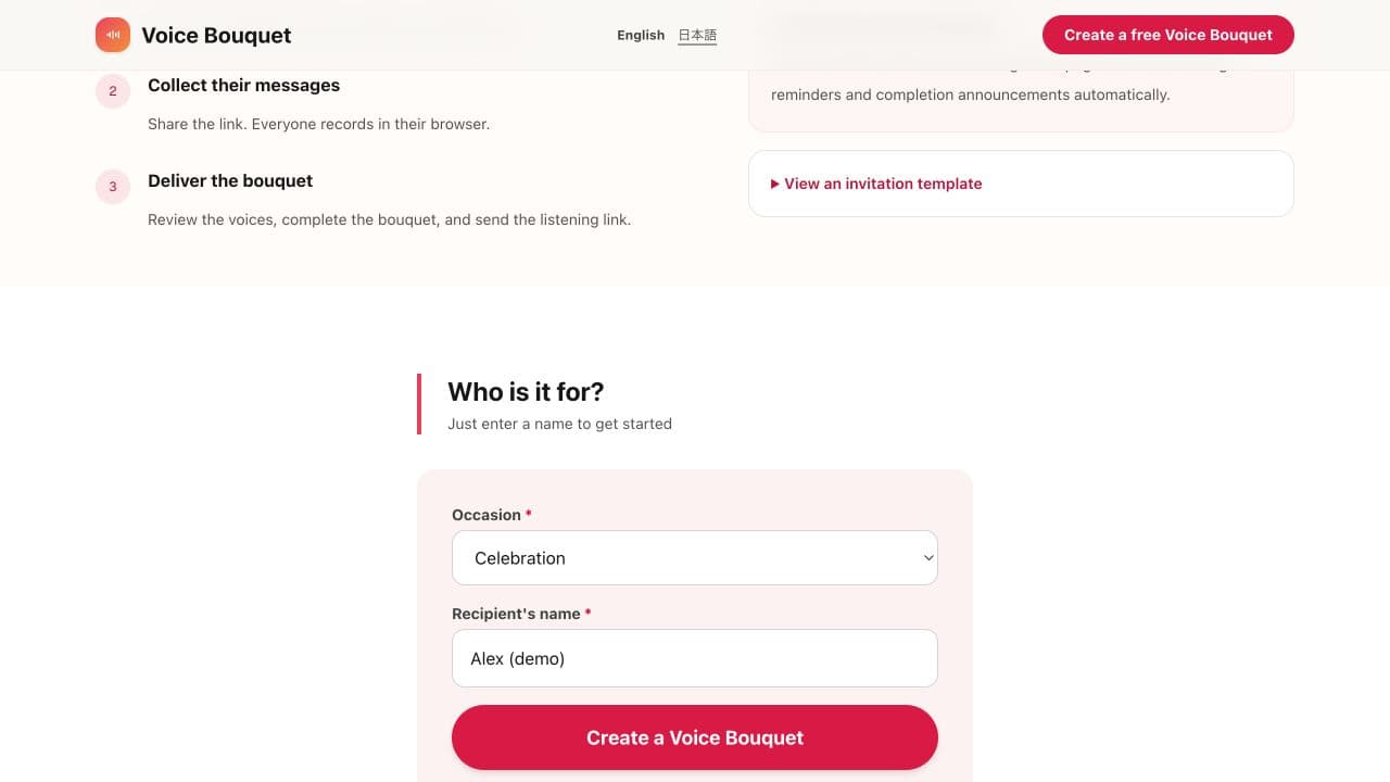 Voice Bouquet form with an occasion and recipient name