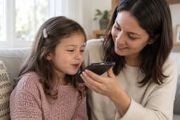 A child recording a voice message on a phone held by a parent