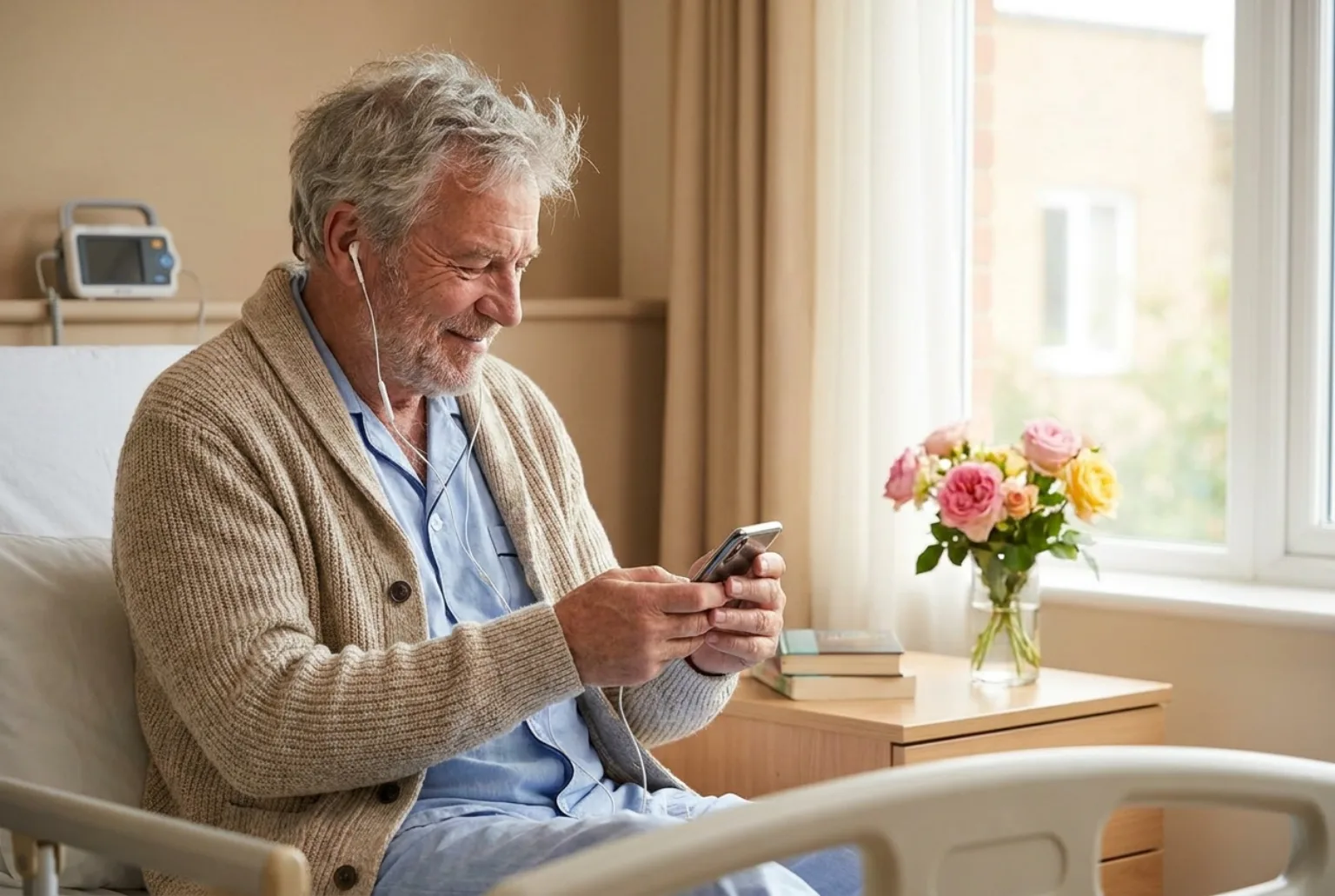 A father in a hospital room listening to family and friends through earphones